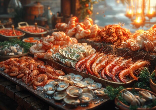 Mariscos en hielo en el mercado de pescado