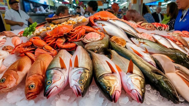 Foto mariscos en hielo en el mercado de pescado