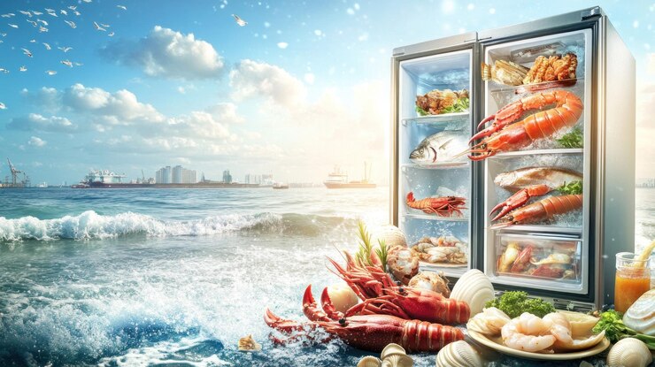 Mariscos y mariscos frescos expuestos en un refrigerador listos para ser consumidos Las olas del océano chocan alrededor de los alimentos sugiriendo una captura fresca