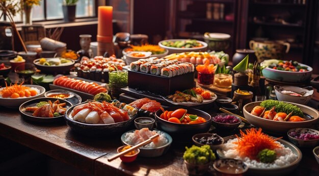 mariscos en la mesa mariscos con sushi en la mesa diseñado mariscos de primer plano