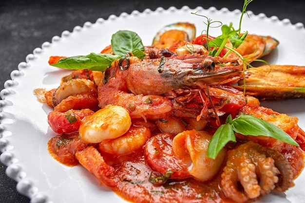 Mariscos salteados con gambas, mejillones, calamares y vieiras en un plato blanco sobre un fondo oscuro