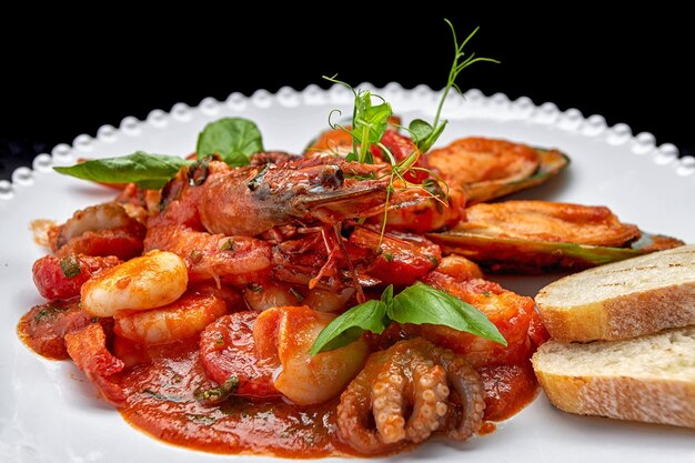 Mariscos salteados en un plato blanco con tostadas en un fondo oscuro