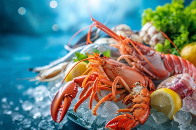 mariscos en la vitrina sobre el fondo azul del mar