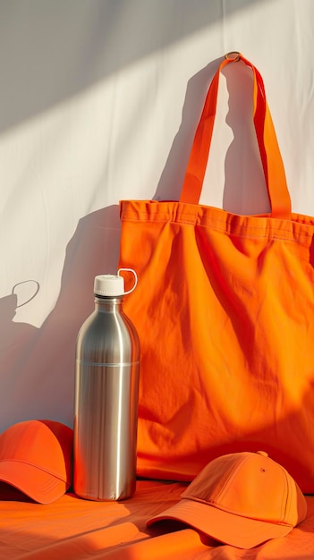 Markenmarkierte Baumwolltasche, Metallkappe für Wasserflaschen, weißer Hintergrund