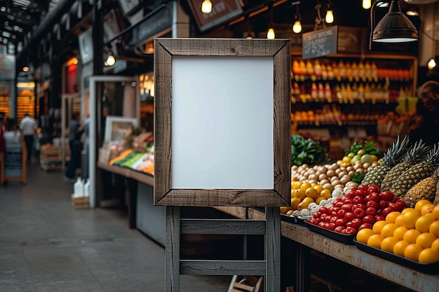 Markenpräsenz Attrappe eines Posters oder Schildes auf einem verschwommenen Lebensmittelmarkt