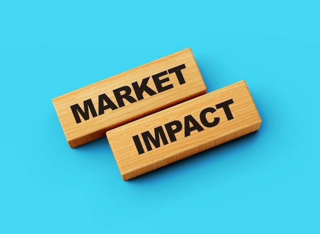 Market Impact letras de madera informativas y comunicación aislado fondo azul brillante 3d