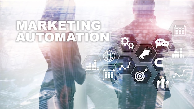 Marketing Automation Software Technologie Prozesssystem Internet Geschäftskonzept Mischmedien-Hintergrund