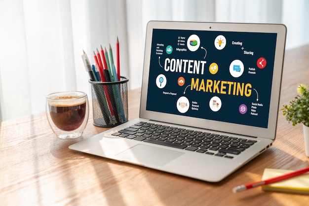 Foto marketing de contenidos para una moderna estrategia de marketing de comercio electrónico y negocios en línea