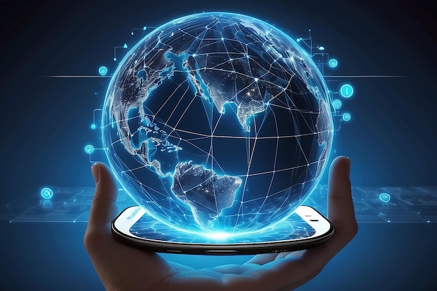 Marketing de mídia digital site anúncio e-mail rede social SEO vídeo aplicativo móvel em diagrama de forma de globo virtual ondas de luz azul e empresário usando no smartphone como conceito