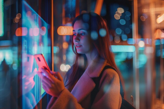 Marketing de mídia social negócios globais IoT conceito de Internet das Coisas Mulher usando telefone móvel para