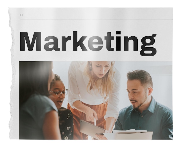 Marketing de negócios png trabalho em equipe elemento de colagem de jornal fundo transparente