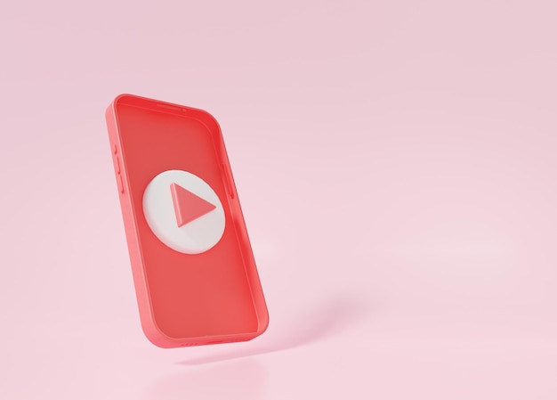 Marketing de vídeo no reprodutor de mídia de conceito móvel vermelho, estilo mínimo de mídia social flutuando no fundo rosa, banner, site, espaço de cópia, renderização em 3d