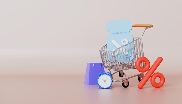 Marketing de descuento con concepto de porcentaje de reloj de carrito de la bolsa de compras