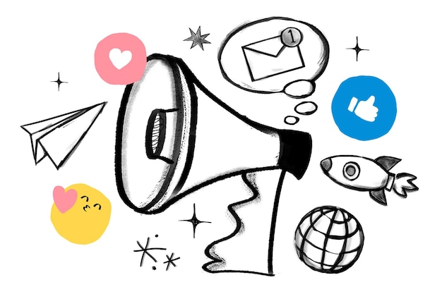 Marketing digital doodle adesivo png megafone e foguete fundo transparente