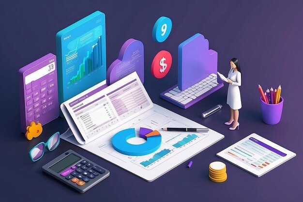 Marketing digital gerenciar finanças conceito 3D pessoas calculando analisando orçamento corporativo pessoal