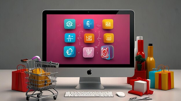 marketing digital con iconos virtuales de redes sociales y carrito de compras