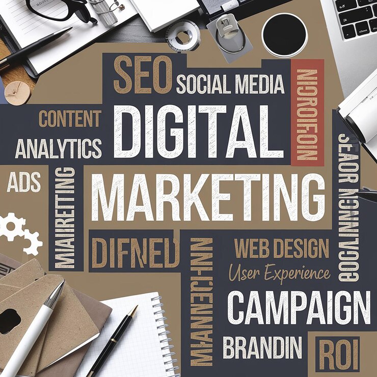 Foto marketing digital palavra nuvem colagem conceito de negócio fundo