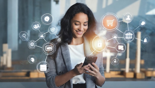 Foto marketing de redes sociales negocio global iot internet de las cosas concepto mujer que utiliza el teléfono móvil para o