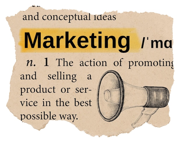 Marketing-Wörterbuch png Wortkleber Ephemera-Typographie durchsichtiger Hintergrund