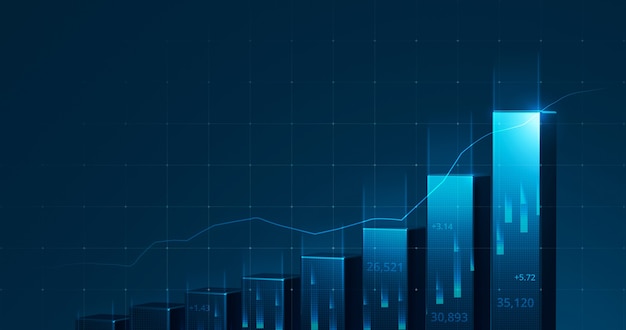 Marktdiagramm des Geschäftsaktiendiagramms oder des Investitionsfinanzdatengewinns auf Wachstumgelddiagrammhintergrund mit Diagrammaustauschinformationen. 3D-Rendering.