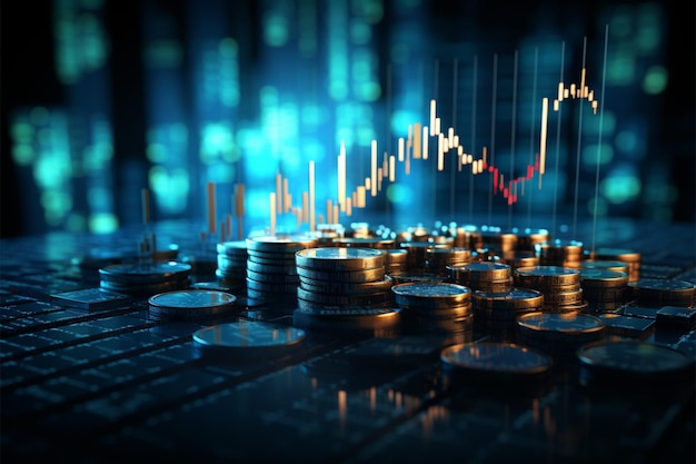 Markterfolg im blauen 3D-Diagramm mit Münzhintergrund