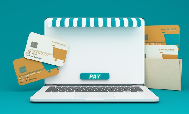 Marktplatz Online-Illustration 3D-Stil Internet-Multi-Vendor-Store auf Laptop-Computer mit Multi-Vendor-Stores in Grüntönen und Pay-Taste auf Notebook-Bildschirm mit 3D-Darstellung der Bankkreditkarte