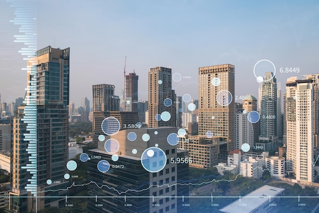 Marktverhaltensdiagramm Hologramm Sonnenuntergang Panoramablick auf die Stadt von Bangkok beliebter Ort, um einen finanziellen Abschluss in Südostasien zu erreichen Das Konzept der Analyse von Finanzdaten Doppelbelichtung