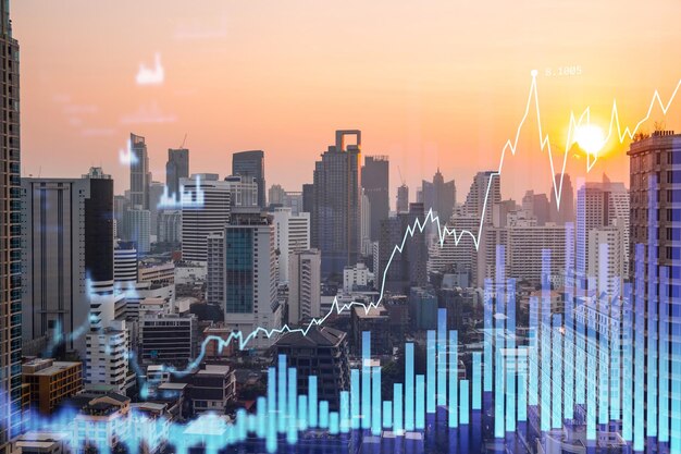 Marktverhaltensdiagramm Hologramm Sonnenuntergang Panoramablick auf die Stadt von Bangkok beliebter Ort, um einen finanziellen Abschluss in Südostasien zu erreichen Das Konzept der Analyse von Finanzdaten Doppelbelichtung