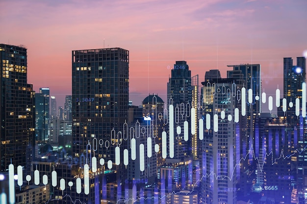 Marktverhaltensdiagramm Hologramm Sonnenuntergang Panoramablick auf die Stadt von Bangkok beliebter Ort, um einen finanziellen Abschluss in Südostasien zu erreichen Das Konzept der Analyse von Finanzdaten Doppelbelichtung