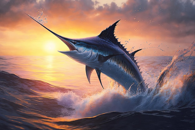 Marlin saltando fuera del agua en un hermoso amanecer