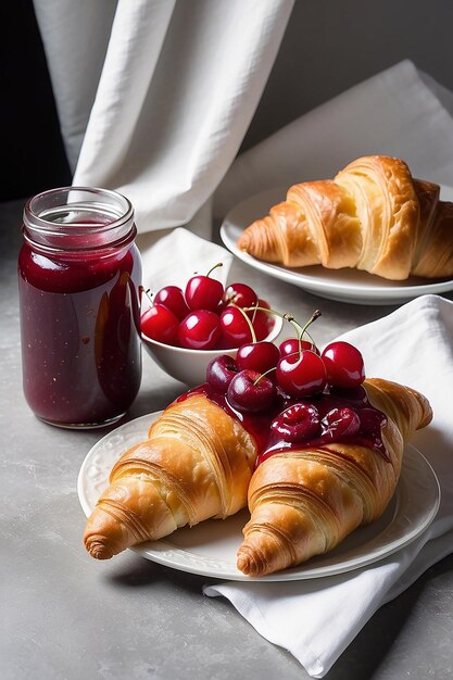 Foto marmelada de casa e croissant com uma cereja num guardanapo raspadinho