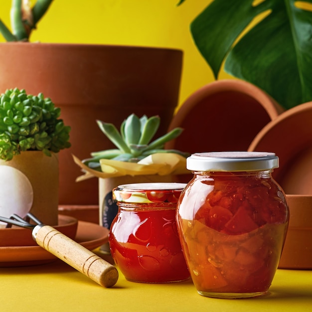 Marmeladengläser aus dem Hausgarten. Topfpflanzen und Tontöpfe im Sortiment für den Garten