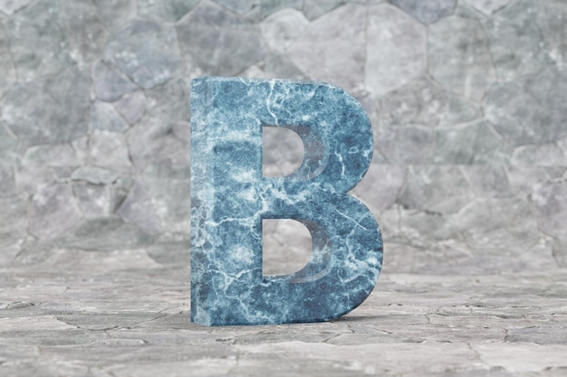 Mármol 3d letra B mayúscula. Letra de mármol azul sobre fondo de piedra. Carácter de fuente renderizado 3D.