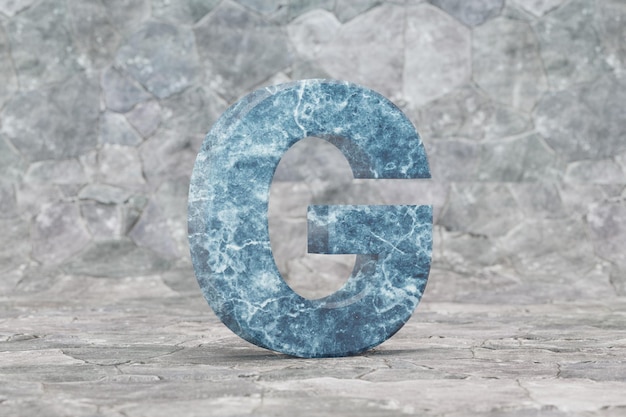 Mármol 3d letra G mayúscula. Letra de mármol azul sobre fondo de piedra. Carácter de fuente renderizado 3D.