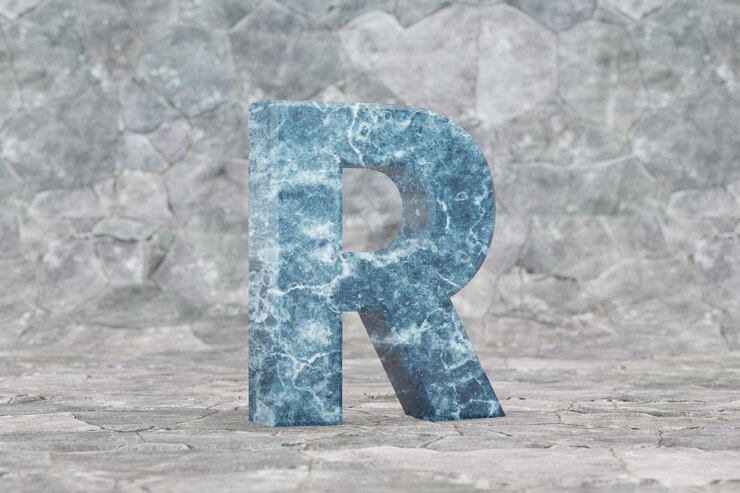 Foto mármol 3d letra r mayúscula. letra de mármol azul sobre fondo de piedra. carácter de fuente renderizado 3d.
