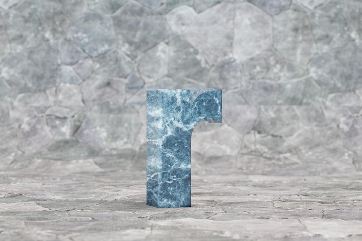 Foto mármol 3d letra r minúscula. letra de mármol azul sobre fondo de piedra. carácter de fuente renderizado 3d.