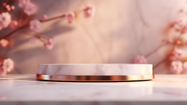 mármol blanco 3D de lujo con podio de oro rosa con pantalla de fondo de sakura rosa borrosa borrosa para la presentación del producto, la marca y el embalaje