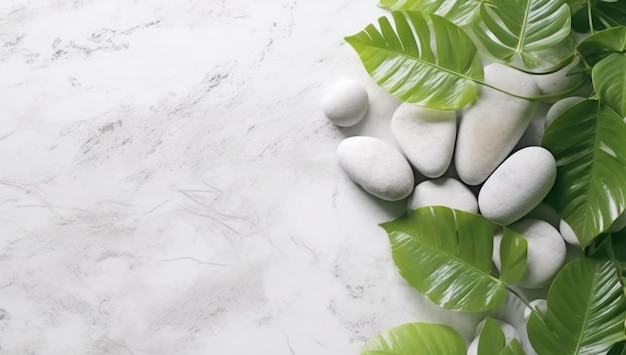 Un mármol blanco con hojas verdes y piedras con piedras blancas.