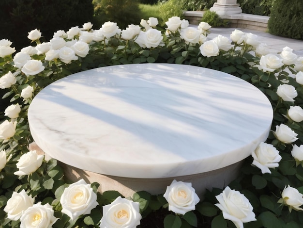 Un mármol blanco rodeado de rosas blancas en un jardín