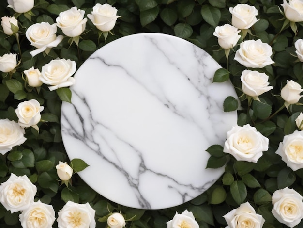 Un mármol blanco rodeado de rosas blancas en un jardín