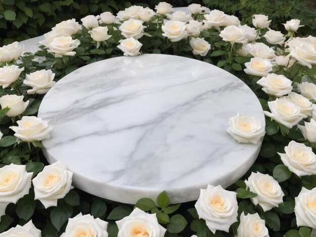 Un mármol blanco rodeado de rosas blancas en un jardín