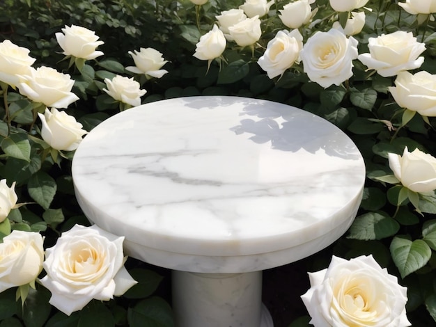Un mármol blanco rodeado de rosas blancas en un jardín