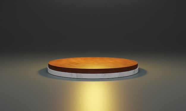 Mármol blanco con tapa de madera. escena para nuevo producto, podio de diseño minimalista, soporte de producto, escaparate, ilustración 3d