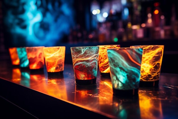 Mármol luminoso dentro de vasos de chupito en barra de bar Generative Ai