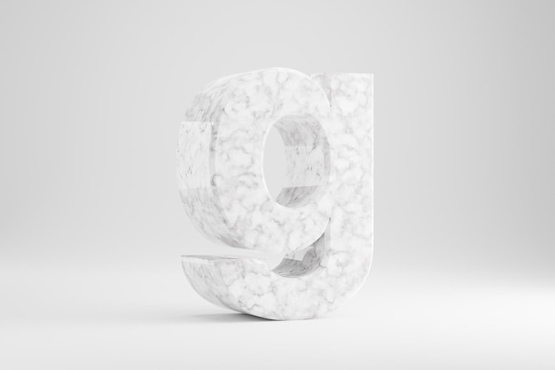 Marmor 3d Buchstabe G Kleinbuchstaben. Weißer Marmorbuchstabe lokalisiert auf weißem Hintergrund. Glänzendes Marmorsteinalphabet. 3D gerenderte Schriftzeichen.