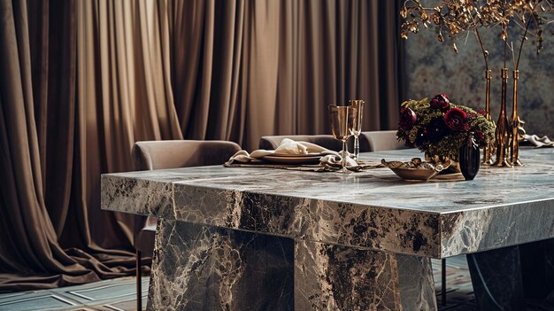 Marmor-Tisch mit urbaner zeitgenössischer grauer und beigefarbener Vorhangs