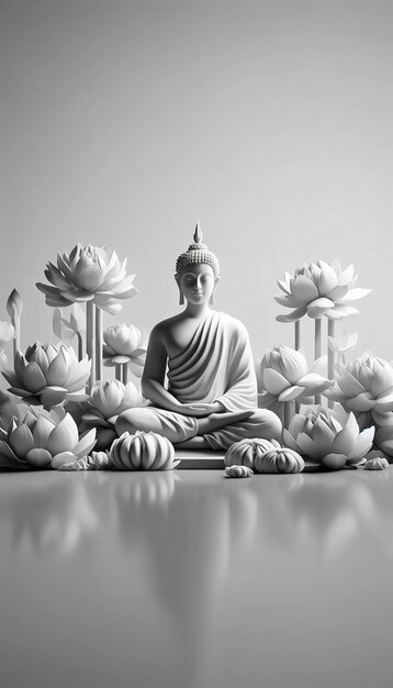 Marmorbuda-Statue Meditation inmitten weißer Lotusblumen