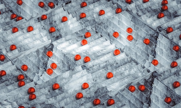 Mármores de metal vermelho sobre um fundo de mármore com sulcos
