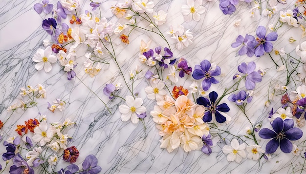 Marmoroberfläche, die mit verschiedenen Blumen bedeckt ist, darunter lila und weiße