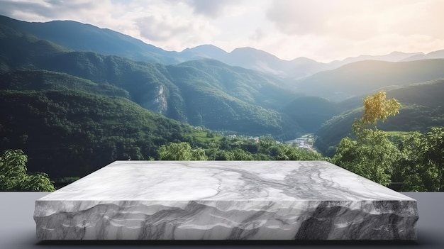 Marmoroberfläche Tischplatte mit Bergfundament für Ding erscheint Show Kreative Ressource AI generiert